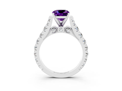 White gold Cushion Cut Amethyst Classic Solitaire Ring with Pavé Band and Four-Prong Setting_3