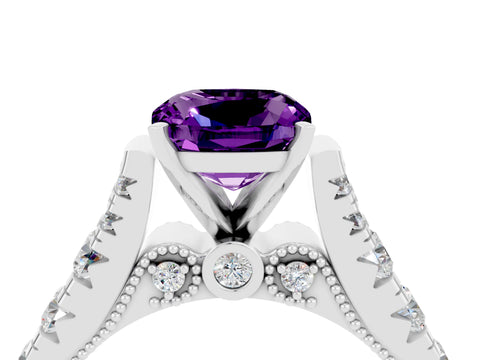 White gold Cushion Cut Amethyst Classic Solitaire Ring with Pavé Band and Four-Prong Setting_4