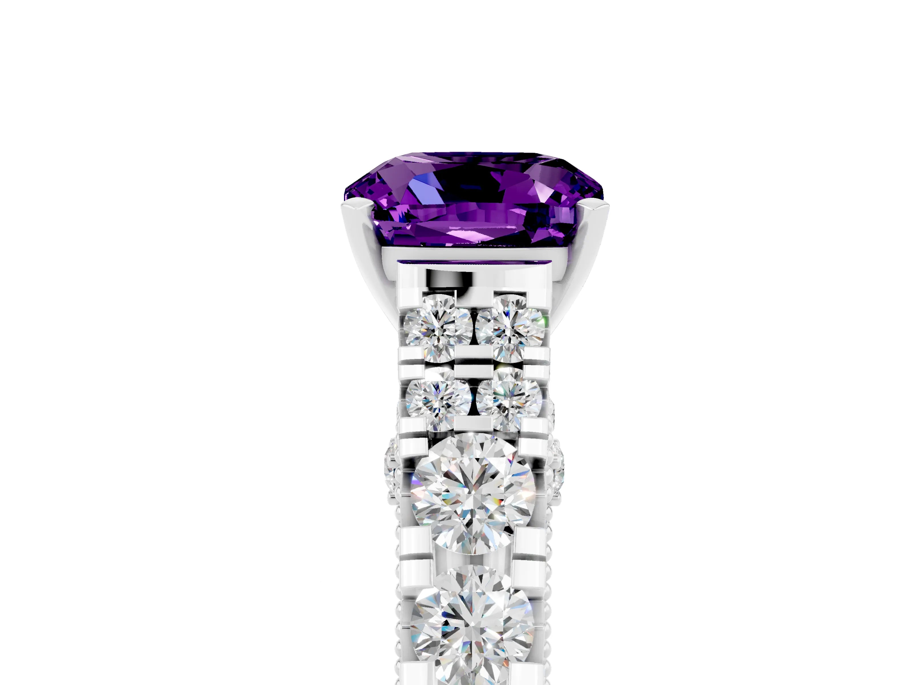 White gold Cushion Cut Amethyst Classic Solitaire Ring with Pavé Band and Four-Prong Setting_5