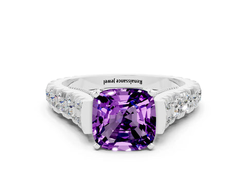 White gold Cushion Cut Amethyst Classic Solitaire Ring with Pavé Band and Four-Prong Setting