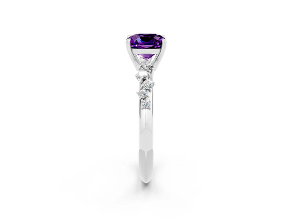 Platinum Cushion Cut Amethyst Cluster Side Stone Solitaire Ring with Prong Setting