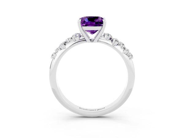 Silver Cushion Cut Amethyst Cluster Side Stone Solitaire Ring with Prong Setting