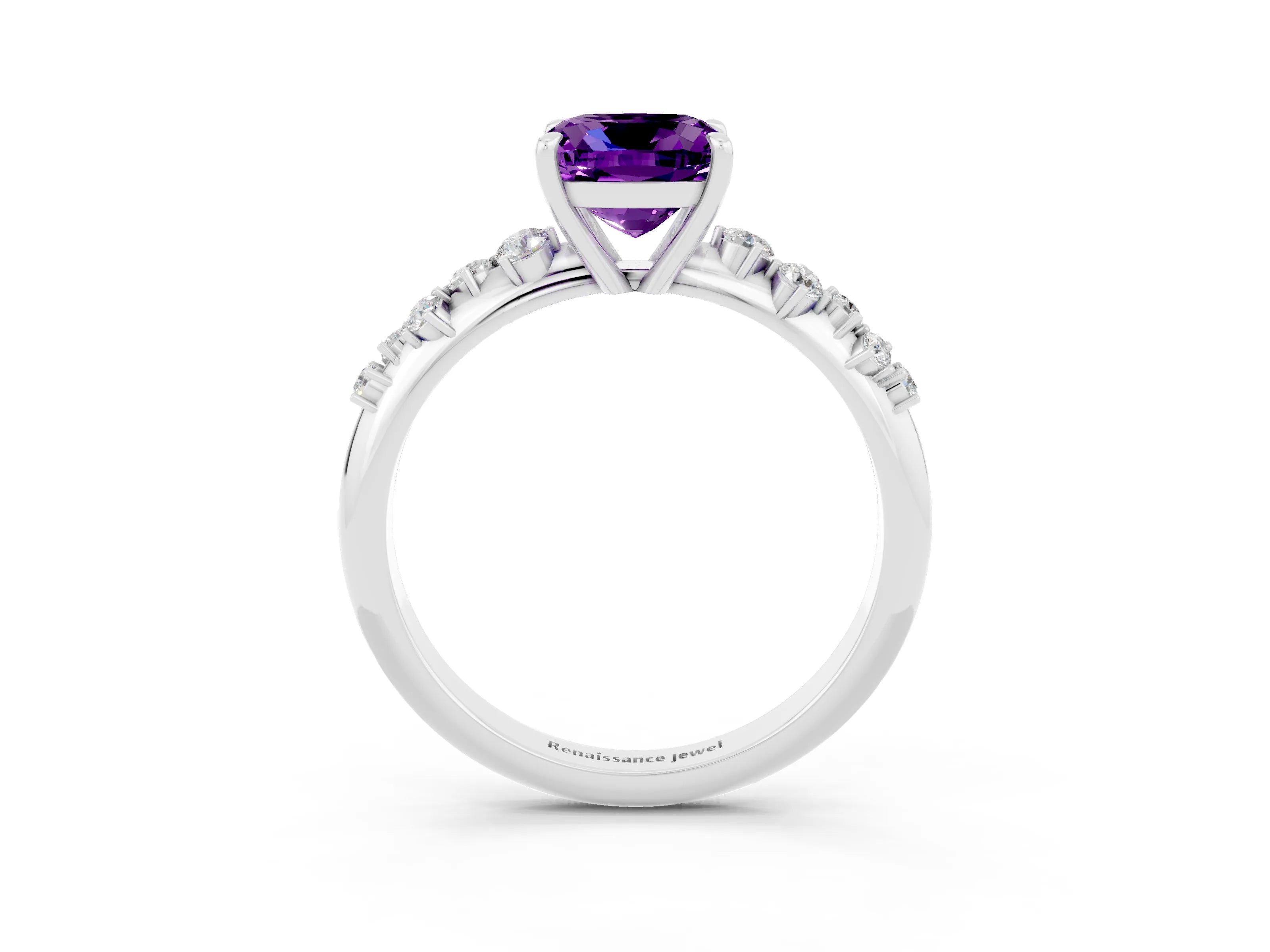 White gold Cushion Cut Amethyst Cluster Side Stone Solitaire Ring with Prong Setting_27