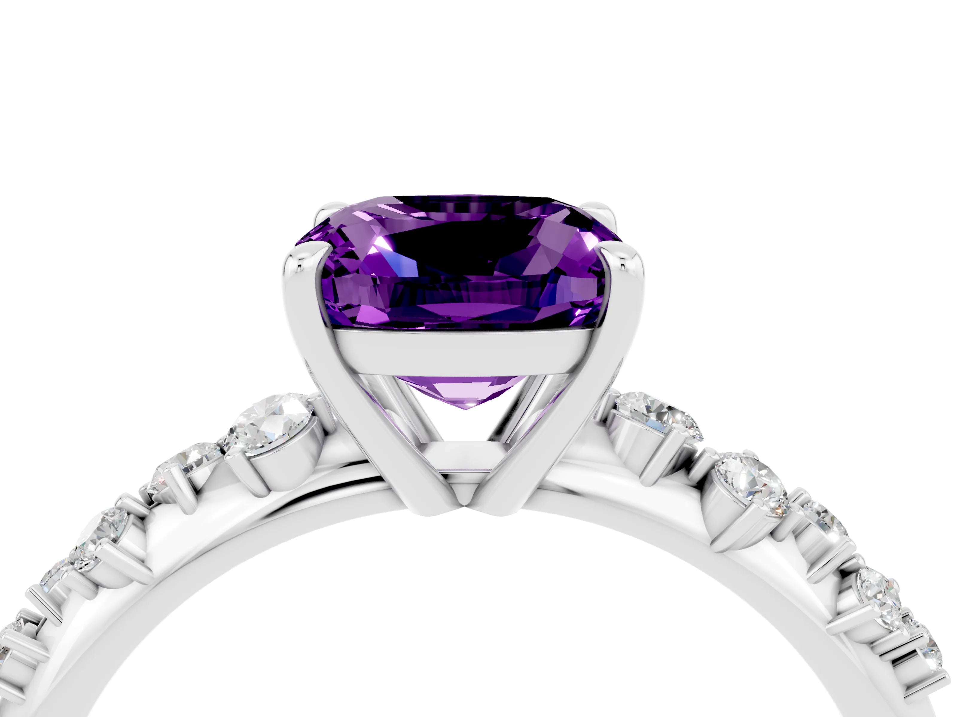 White gold Cushion Cut Amethyst Cluster Side Stone Solitaire Ring with Prong Setting_28