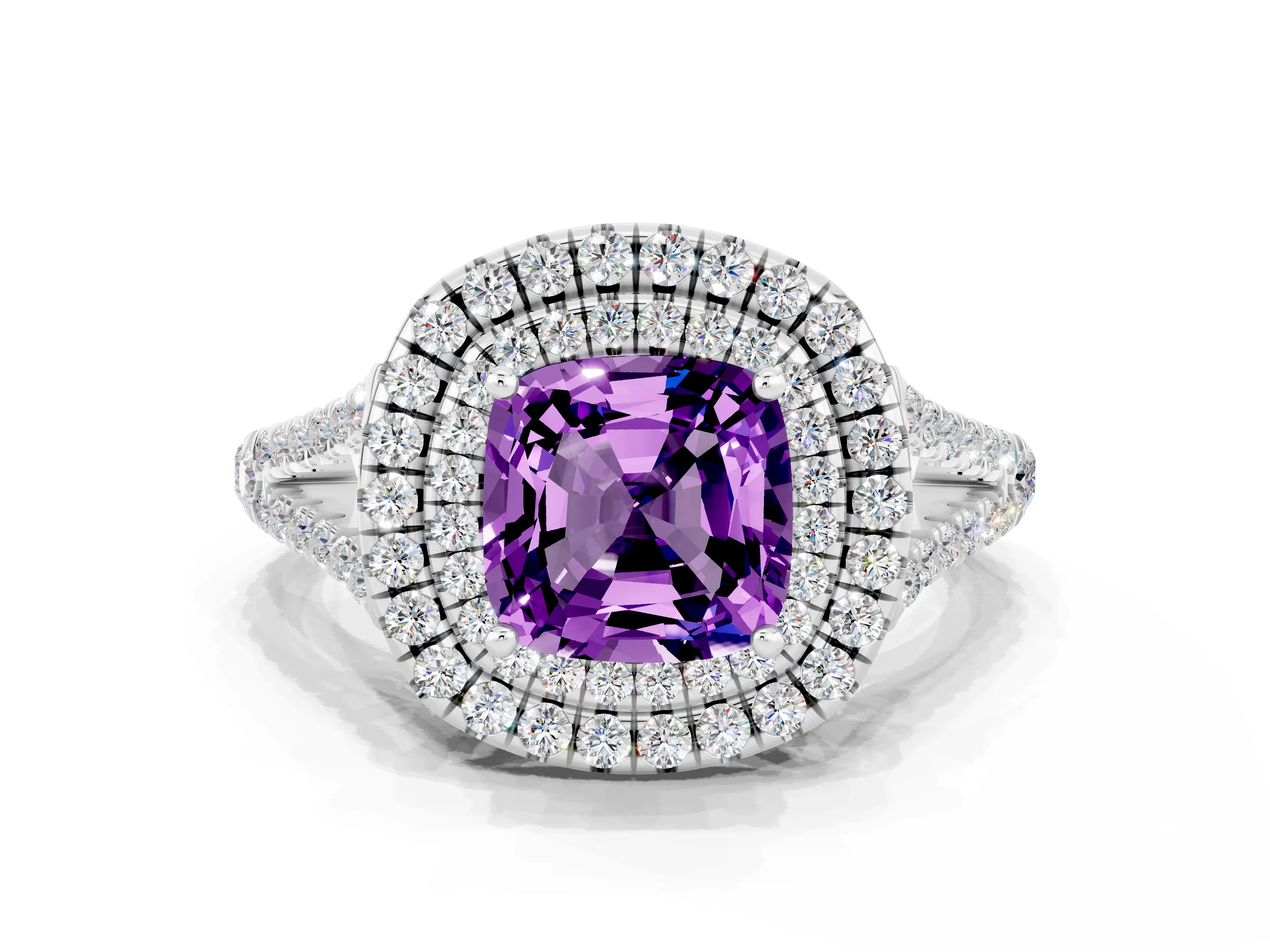 White gold Cushion Cut Amethyst Double Halo Ring with Pavé Band and Prong Setting_12