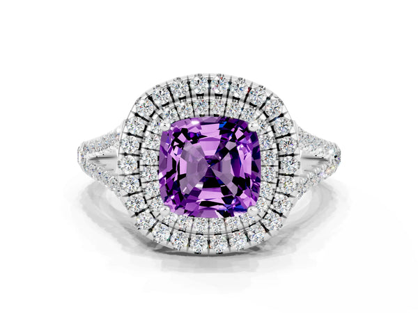White gold Cushion Cut Amethyst Double Halo Ring with Pavé Band and Prong Setting