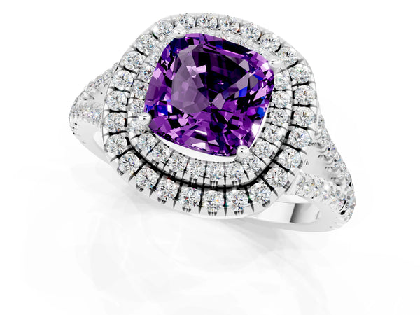 Platinum Cushion Cut Amethyst Double Halo Ring with Pavé Band and Prong Setting