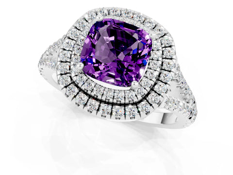 White gold Cushion Cut Amethyst Double Halo Ring with Pavé Band and Prong Setting_13