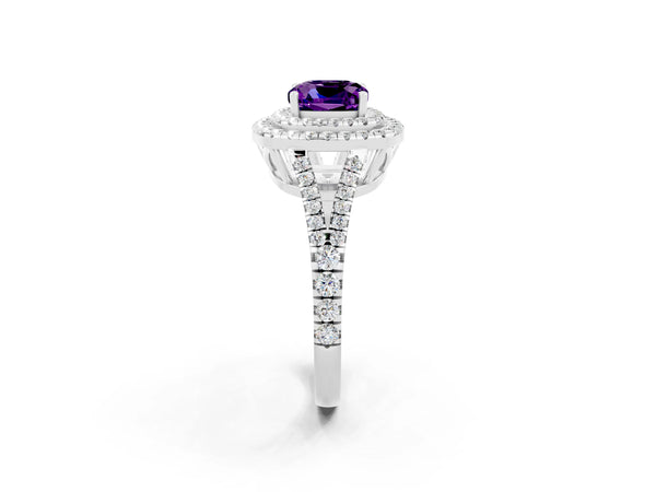 Platinum Cushion Cut Amethyst Double Halo Ring with Pavé Band and Prong Setting