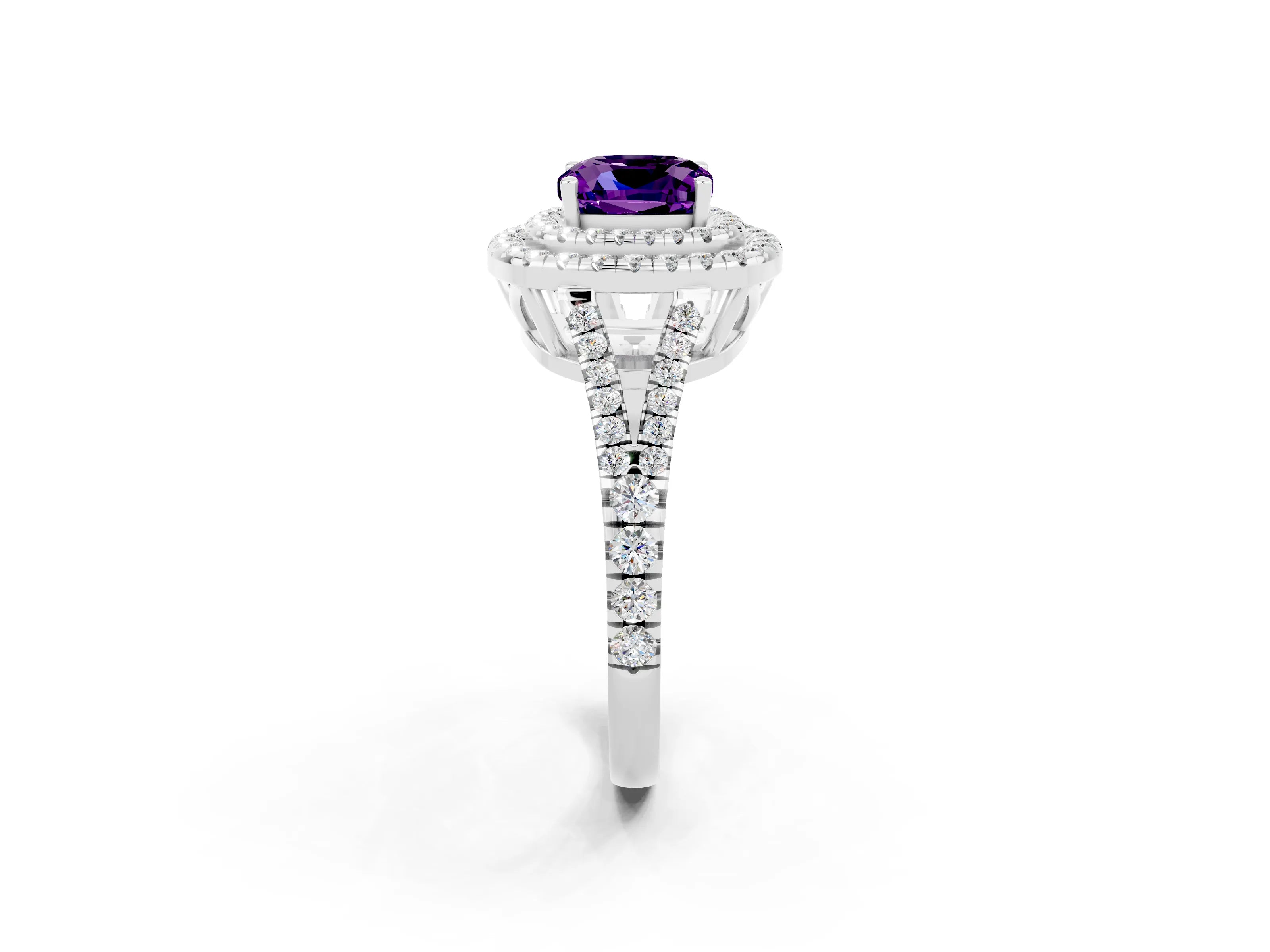 White gold Cushion Cut Amethyst Double Halo Ring with Pavé Band and Prong Setting_14