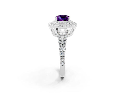 White gold Cushion Cut Amethyst Double Halo Ring with Pavé Band and Prong Setting_14
