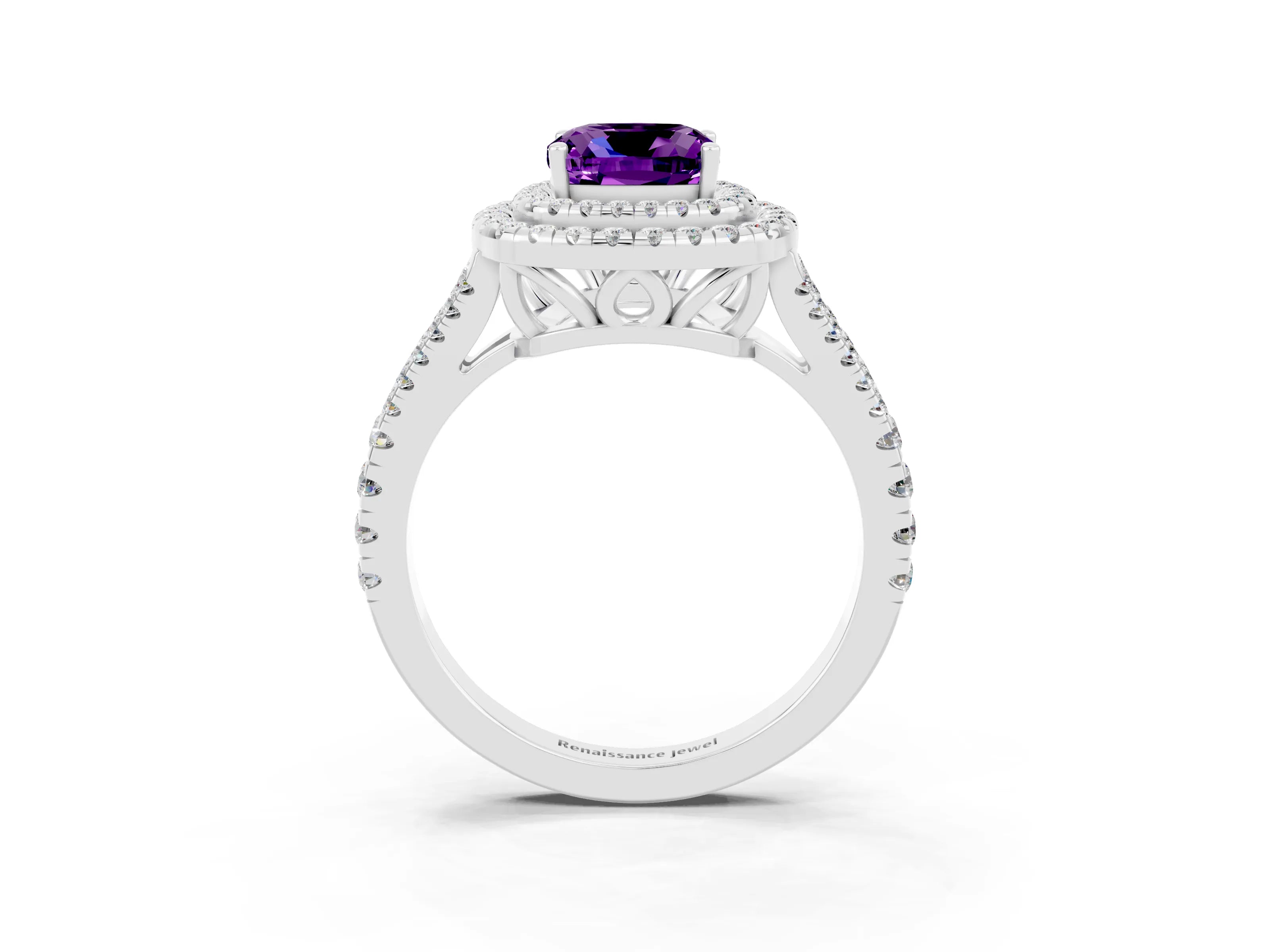 White gold Cushion Cut Amethyst Double Halo Ring with Pavé Band and Prong Setting_15