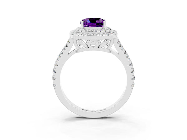 White gold Cushion Cut Amethyst Double Halo Ring with Pavé Band and Prong Setting