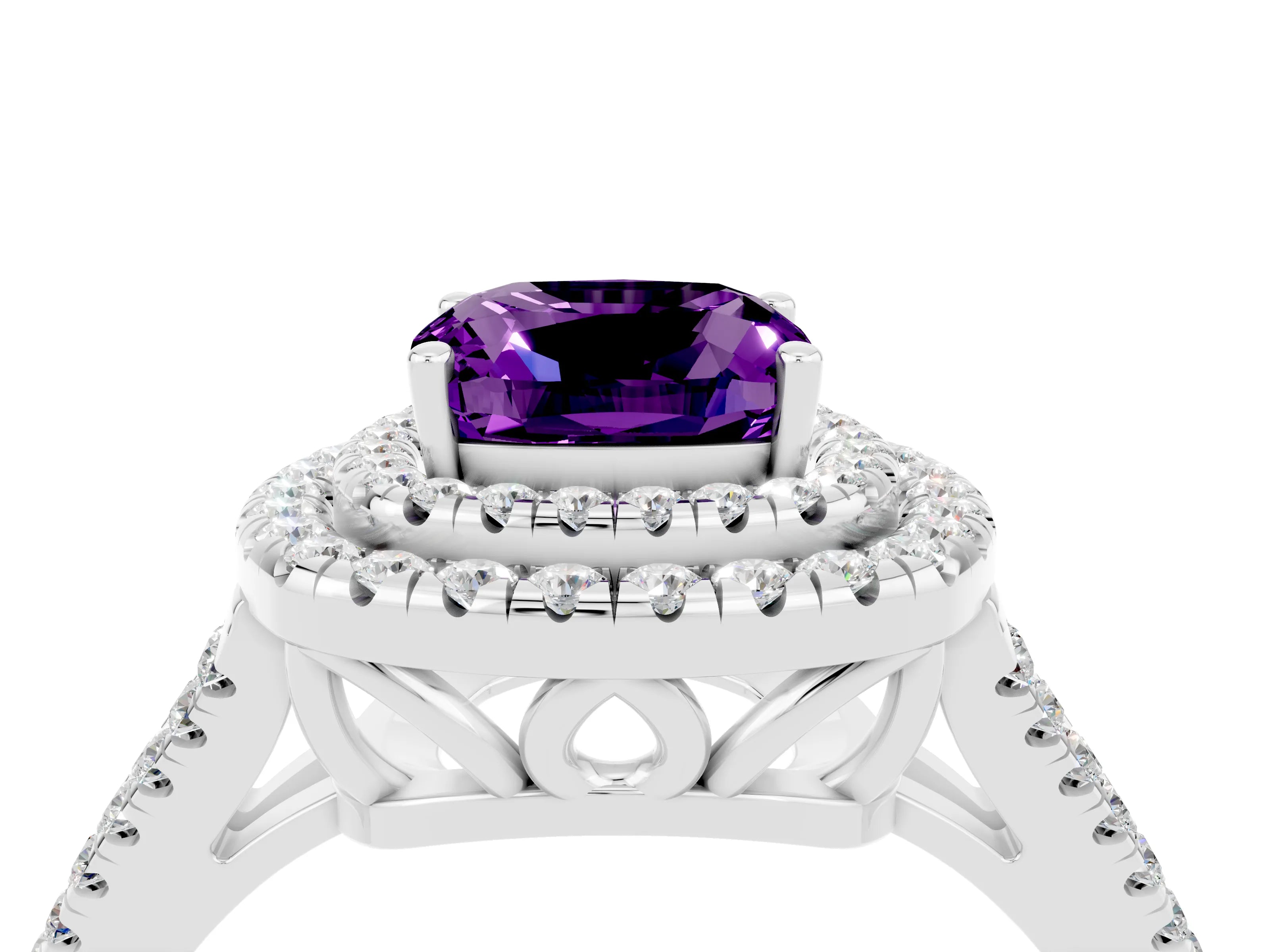 White gold Cushion Cut Amethyst Double Halo Ring with Pavé Band and Prong Setting_16
