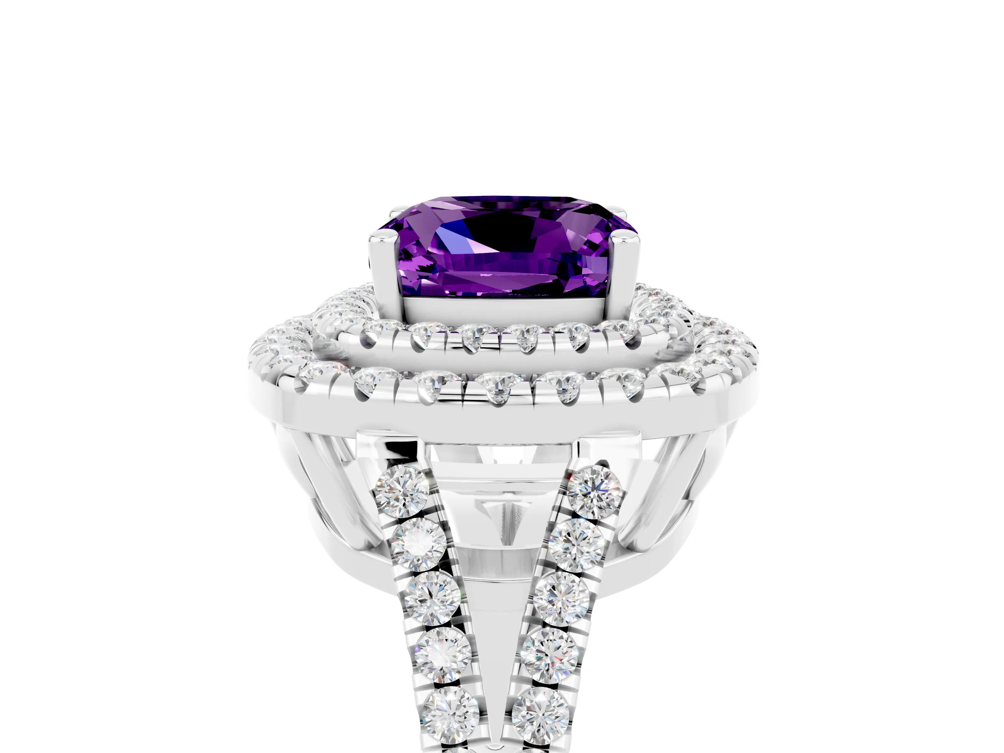 White gold Cushion Cut Amethyst Double Halo Ring with Pavé Band and Prong Setting_17