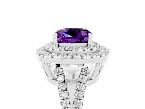 White gold Cushion Cut Amethyst Double Halo Ring with Pavé Band and Prong Setting_17
