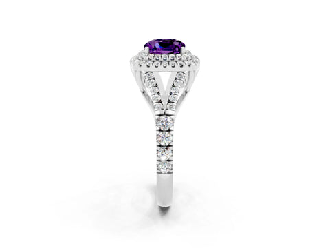 White gold Cushion Cut Amethyst Double Halo Ring with Split Shank and Prong Setting_62