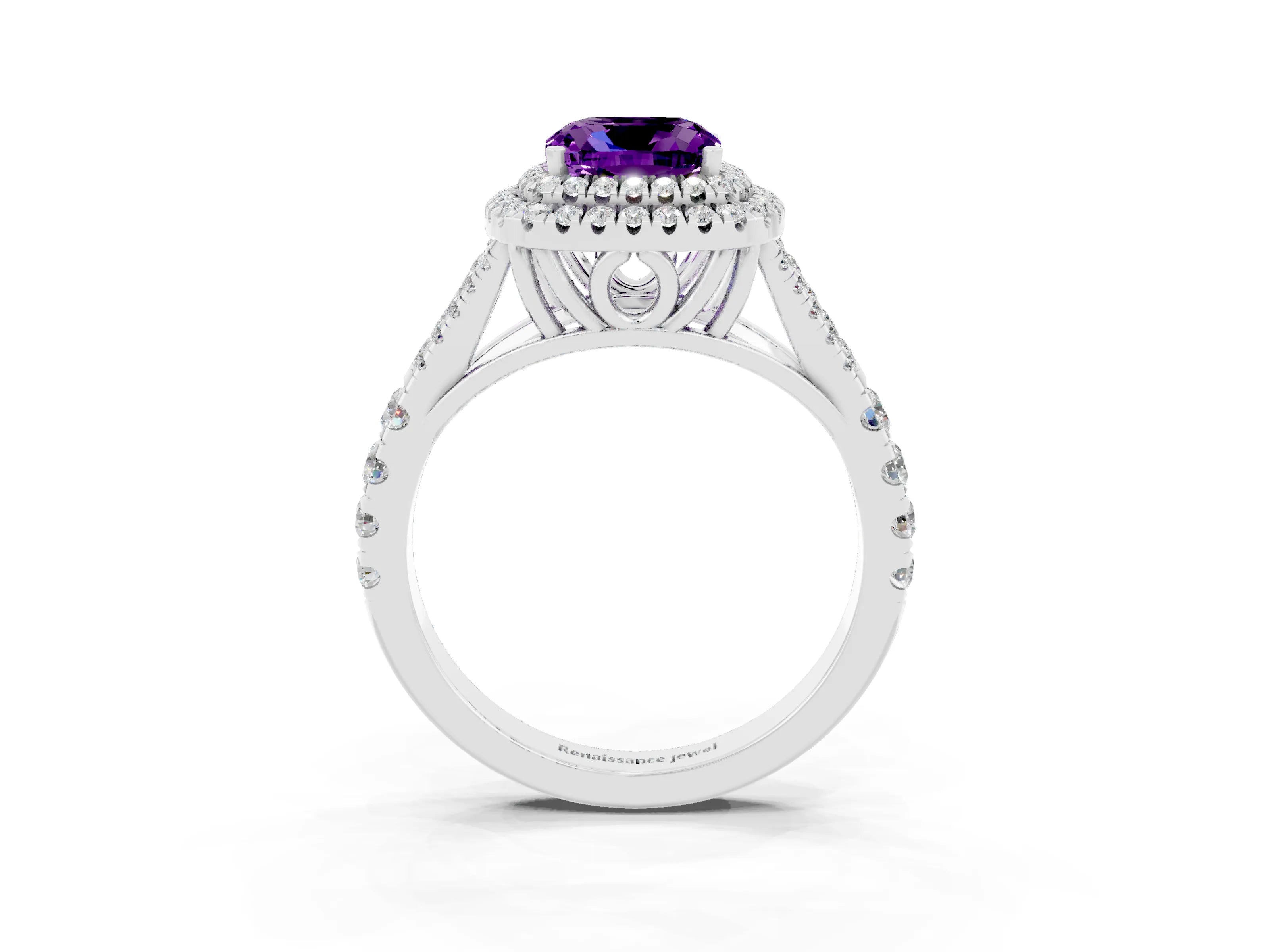 White gold Cushion Cut Amethyst Double Halo Ring with Split Shank and Prong Setting_63