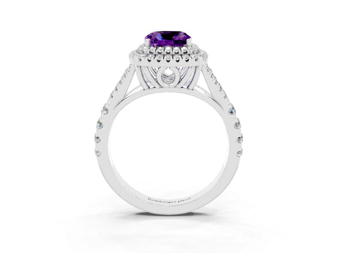 White gold Cushion Cut Amethyst Double Halo Ring with Split Shank and Prong Setting_63