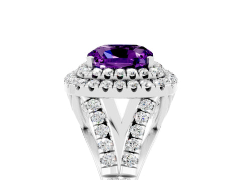 White gold Cushion Cut Amethyst Double Halo Ring with Split Shank and Prong Setting_65