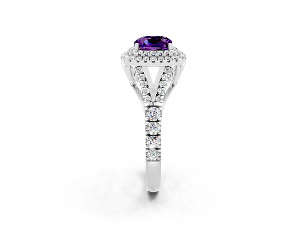 White gold Cushion Cut Amethyst Double Halo Ring with Split Shank and Prong Setting