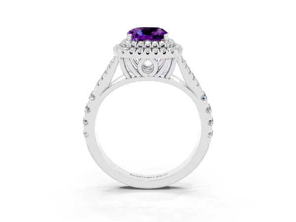 White gold Cushion Cut Amethyst Double Halo Ring with Split Shank and Prong Setting