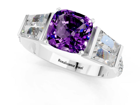 White gold Cushion Cut Amethyst Engagement Ring with Baguette Side Stones and Channel Set Band_1