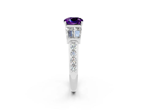 White gold Cushion Cut Amethyst Engagement Ring with Baguette Side Stones and Channel Set Band_2