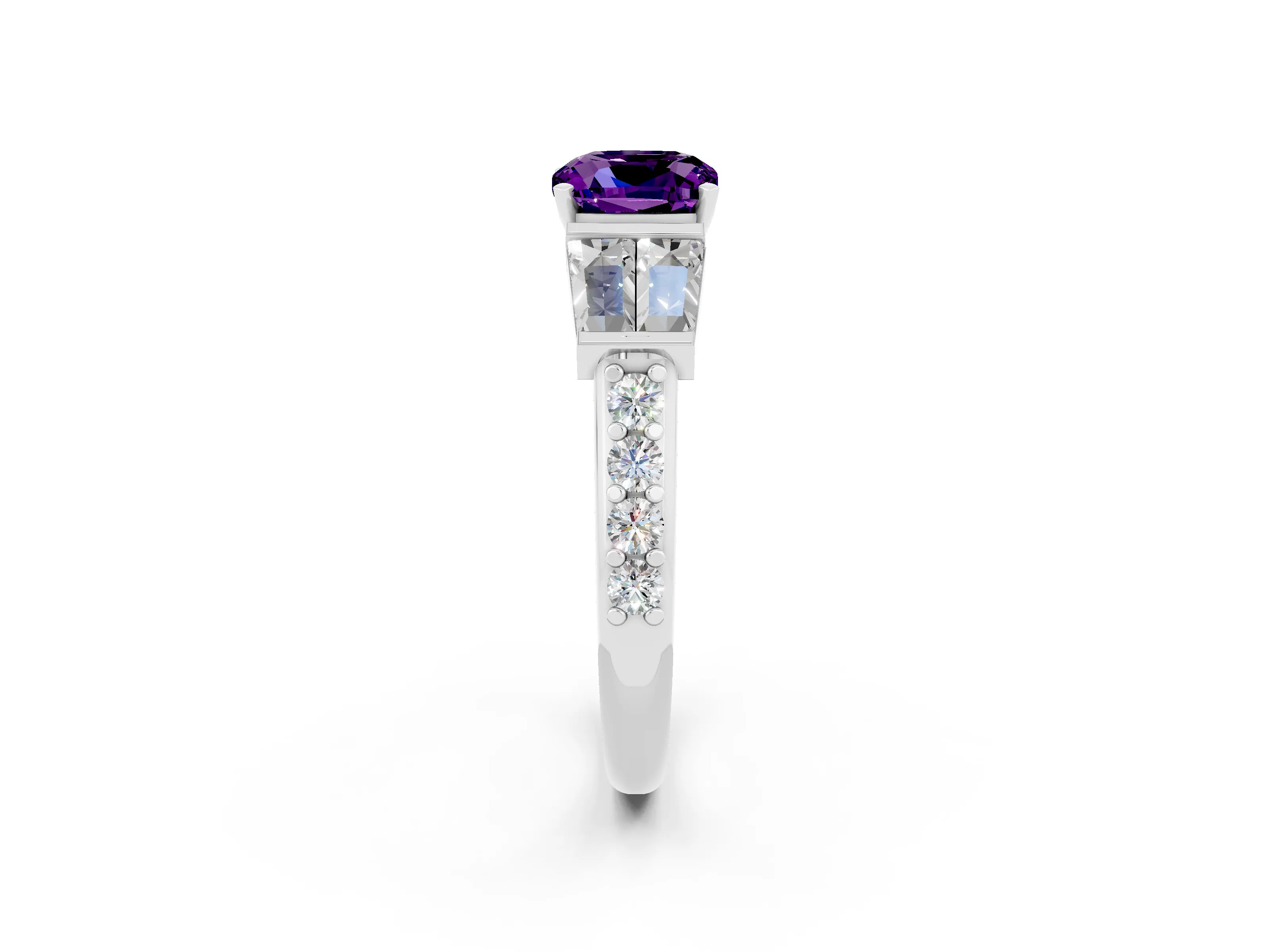 White gold Cushion Cut Amethyst Engagement Ring with Baguette Side Stones and Channel Set Band_2
