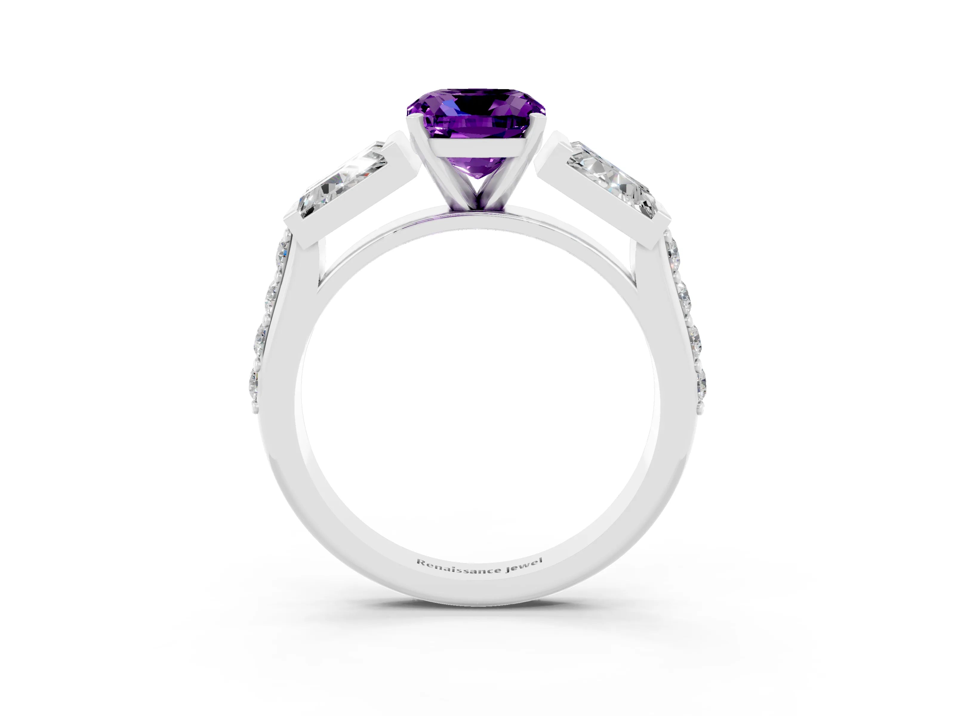 White gold Cushion Cut Amethyst Engagement Ring with Baguette Side Stones and Channel Set Band_3