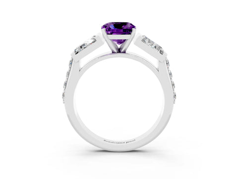White gold Cushion Cut Amethyst Engagement Ring with Baguette Side Stones and Channel Set Band_3