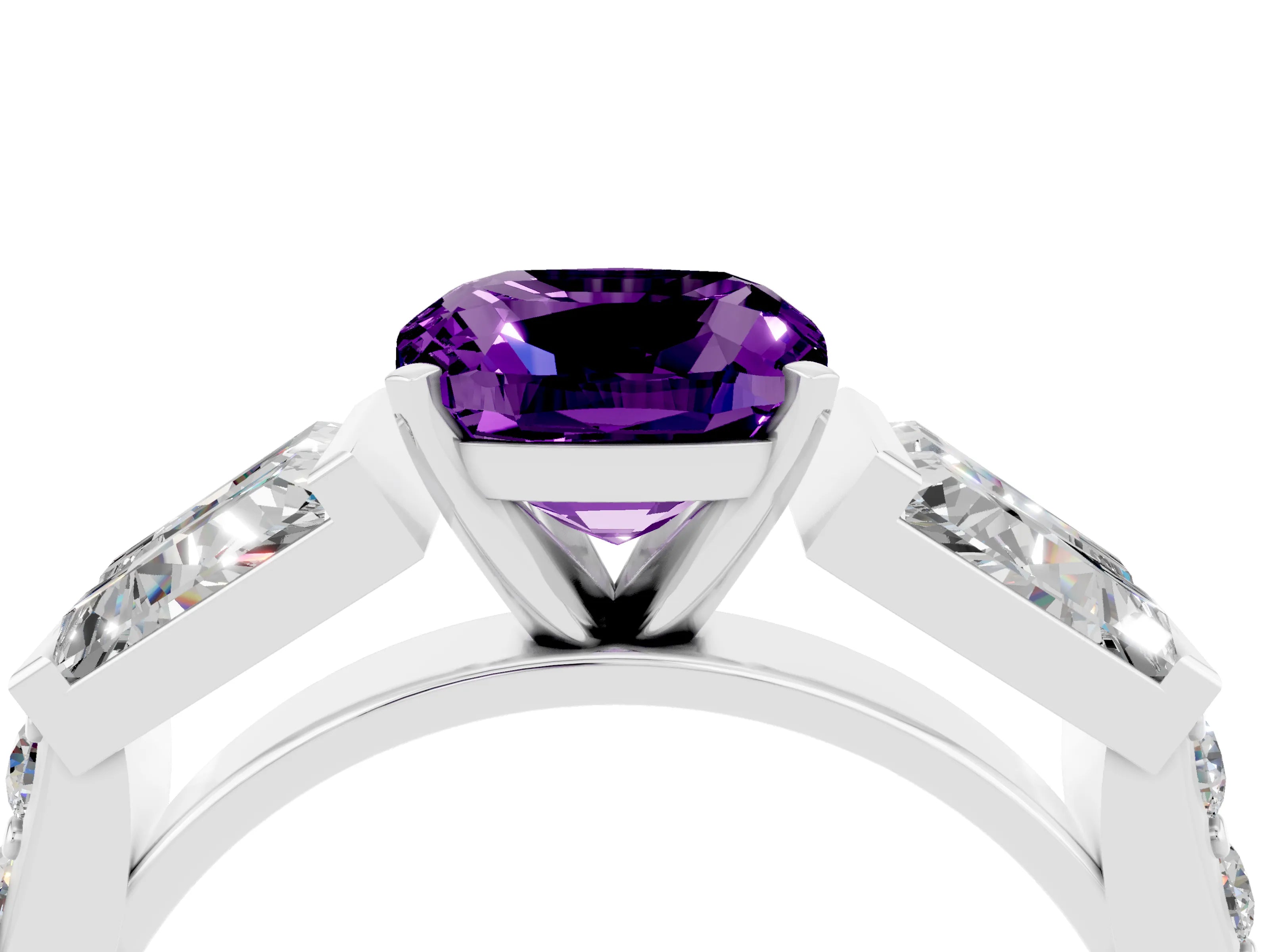 White gold Cushion Cut Amethyst Engagement Ring with Baguette Side Stones and Channel Set Band_4