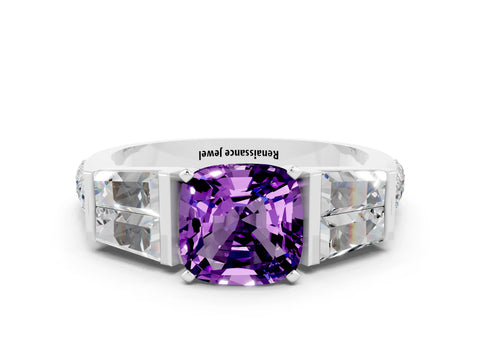 White gold Cushion Cut Amethyst Engagement Ring with Baguette Side Stones and Channel Set Band