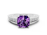 White gold Cushion Cut Amethyst Engagement Ring with Milgrain Channel Set Band and Prong Setting