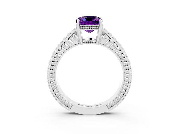 Silver Cushion Cut Amethyst Engagement Ring with Milgrain Channel Set Band and Prong Setting