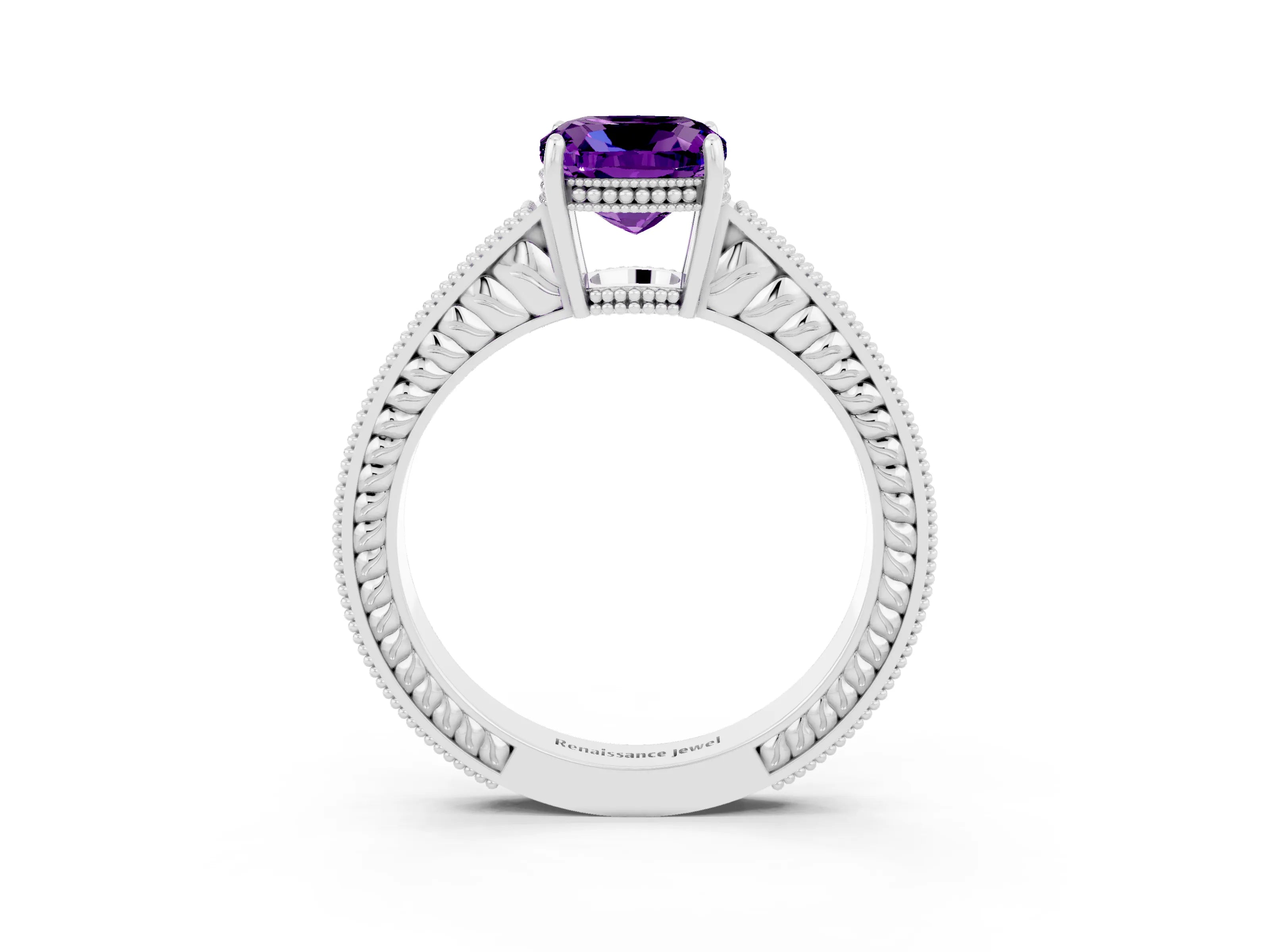 White gold Cushion Cut Amethyst Engagement Ring with Milgrain Channel Set Band and Prong Setting_3