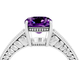 White gold Cushion Cut Amethyst Engagement Ring with Milgrain Channel Set Band and Prong Setting_4
