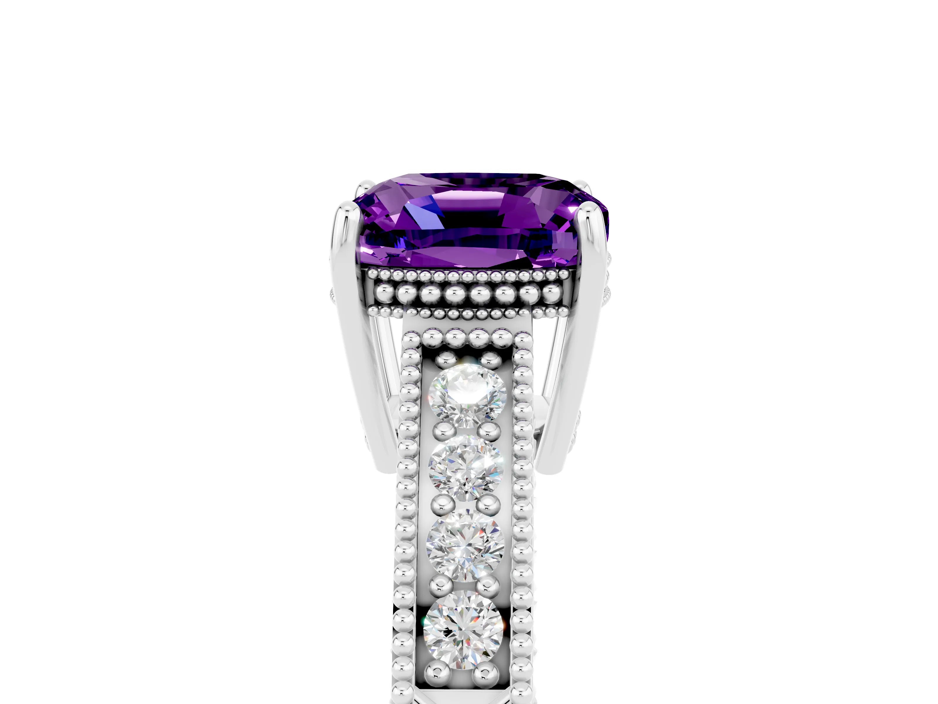 White gold Cushion Cut Amethyst Engagement Ring with Milgrain Channel Set Band and Prong Setting_5