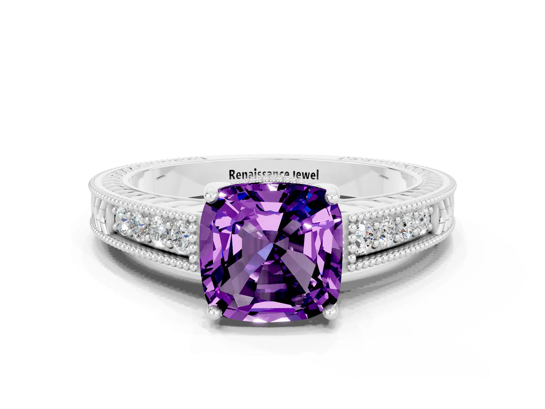 White gold Cushion Cut Amethyst Engagement Ring with Milgrain Channel Set Band and Prong Setting