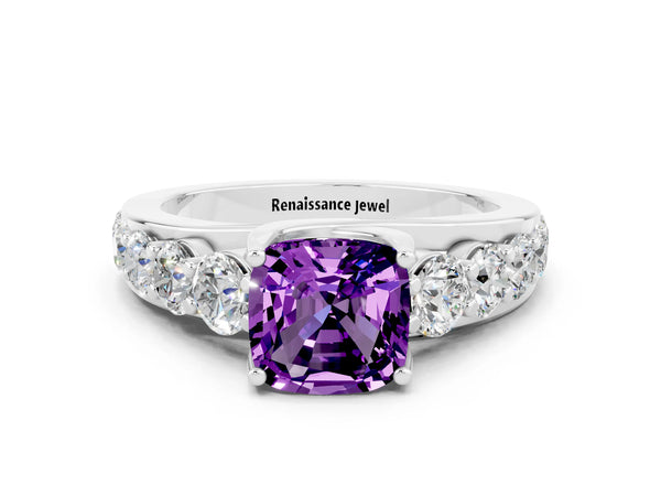 Platinum Cushion Cut Amethyst Engagement Ring with Pavé Band and Four-Prong Setting