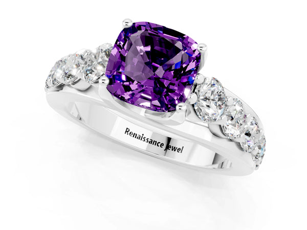 Platinum Cushion Cut Amethyst Engagement Ring with Pavé Band and Four-Prong Setting
