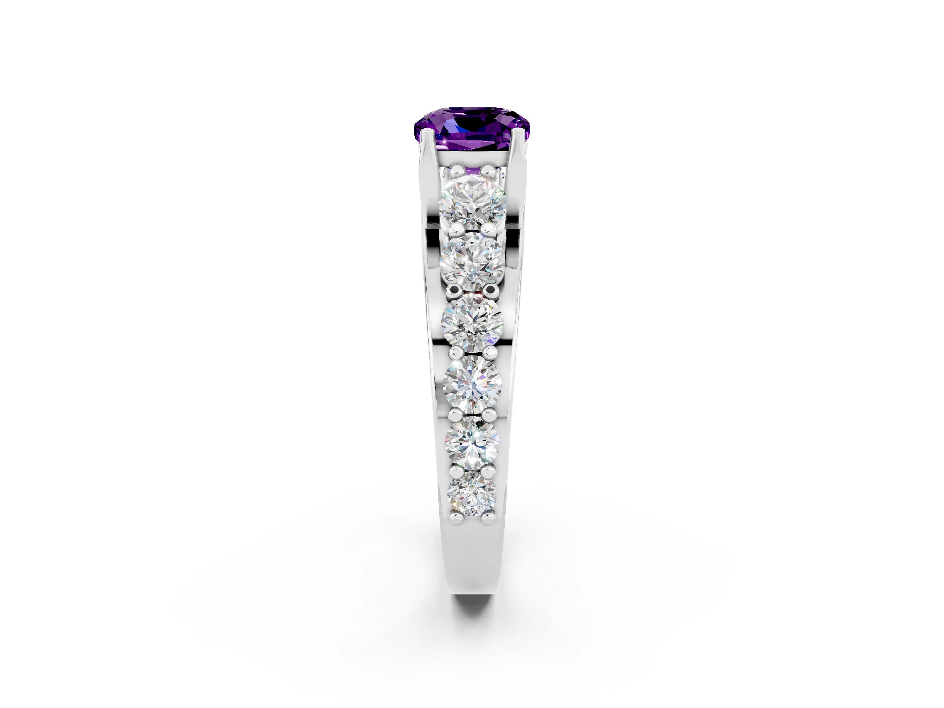 White gold Cushion Cut Amethyst Engagement Ring with Pavé Band and Four-Prong Setting_2