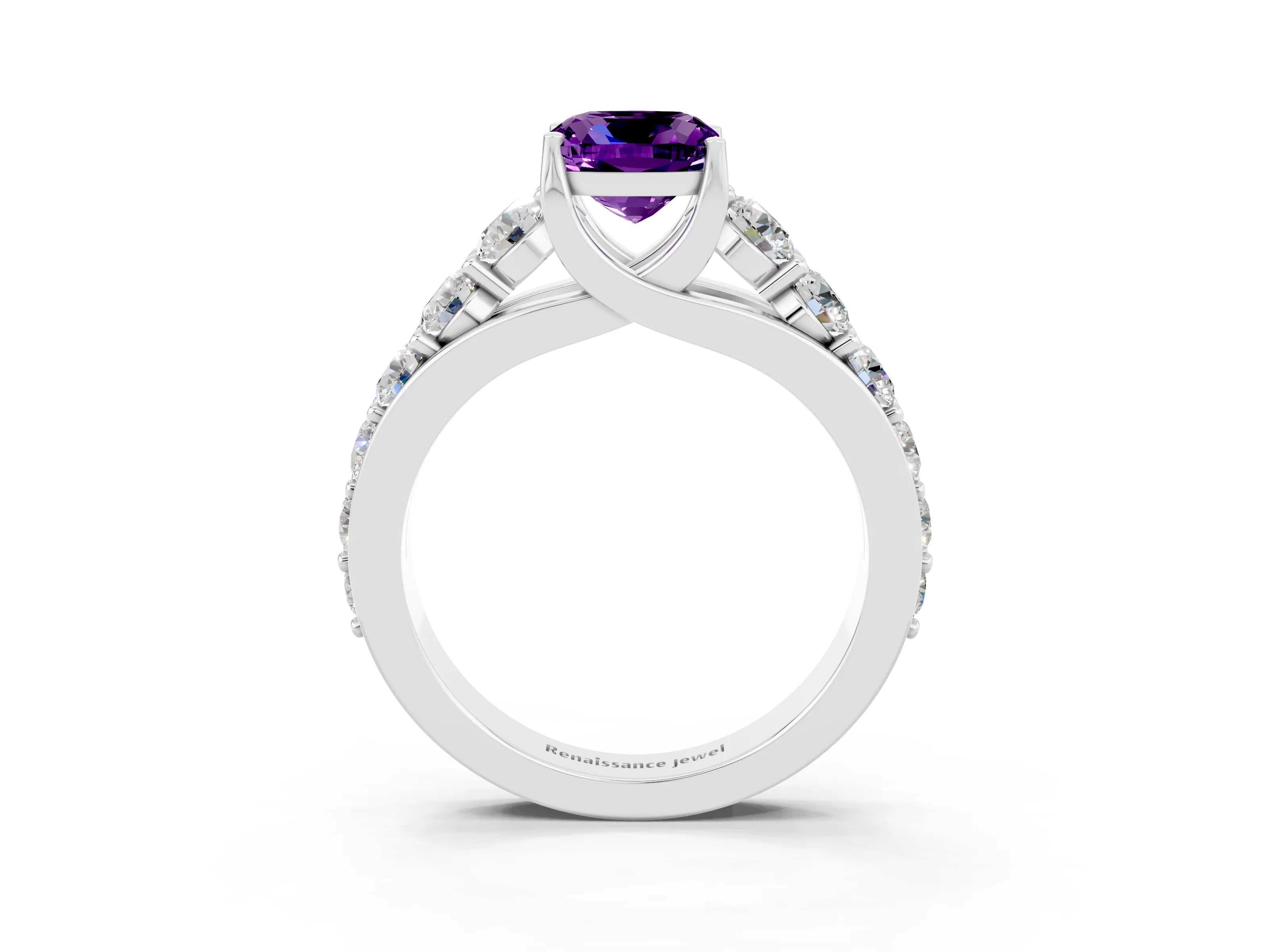 White gold Cushion Cut Amethyst Engagement Ring with Pavé Band and Four-Prong Setting_3