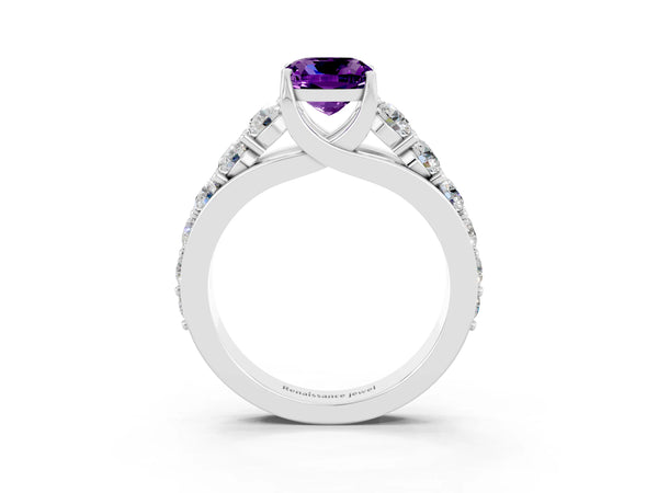 Silver Cushion Cut Amethyst Engagement Ring with Pavé Band and Four-Prong Setting