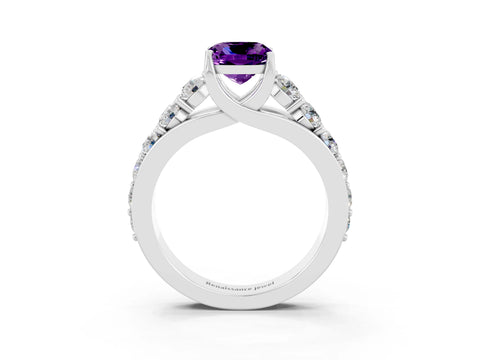 White gold Cushion Cut Amethyst Engagement Ring with Pavé Band and Four-Prong Setting_3