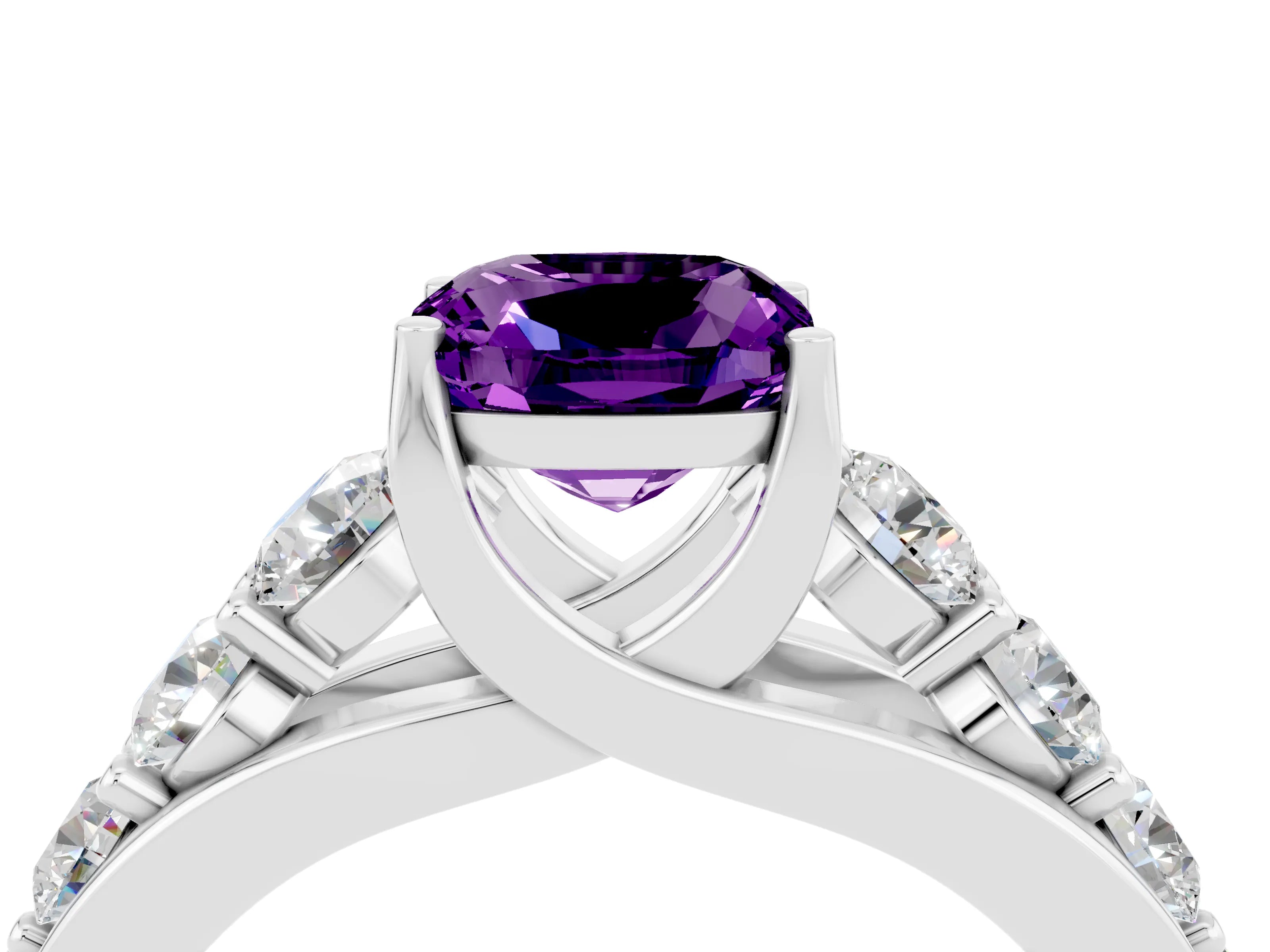 White gold Cushion Cut Amethyst Engagement Ring with Pavé Band and Four-Prong Setting_4