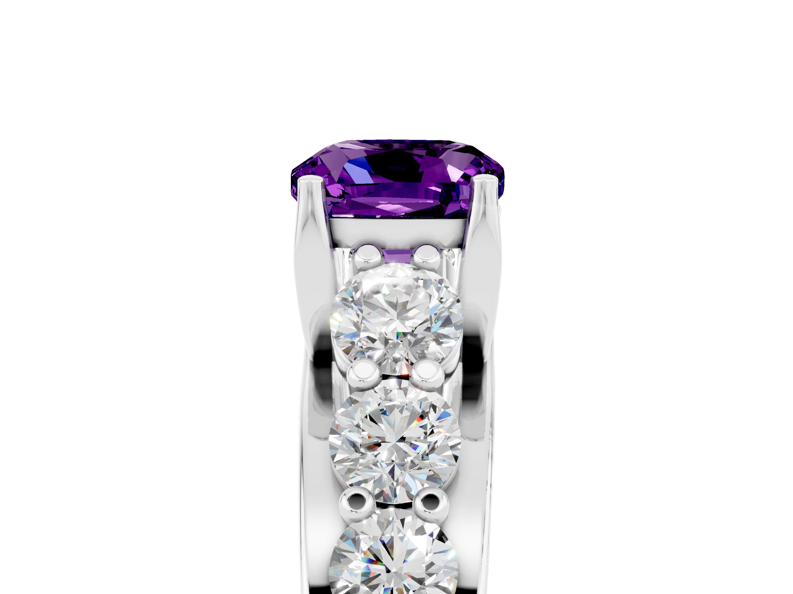 White gold Cushion Cut Amethyst Engagement Ring with Pavé Band and Four-Prong Setting_5