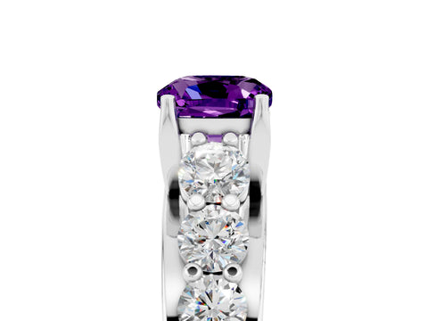 White gold Cushion Cut Amethyst Engagement Ring with Pavé Band and Four-Prong Setting_5