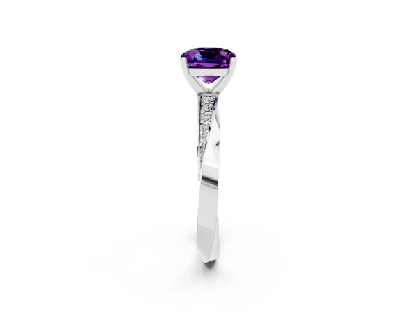Silver Cushion Cut Amethyst Engagement Ring with Side Stone Accents and Four-Prong Setting