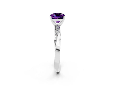 White gold Cushion Cut Amethyst Engagement Ring with Side Stone Accents and Four-Prong Setting_41